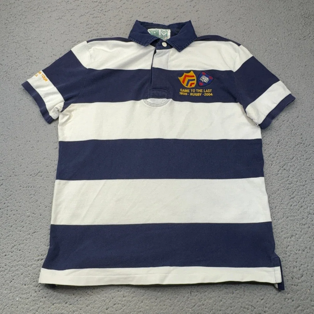 Vintage Polo Ralph Lauren Polo Mens Medium Blue White Striped Rugby Tour Skull